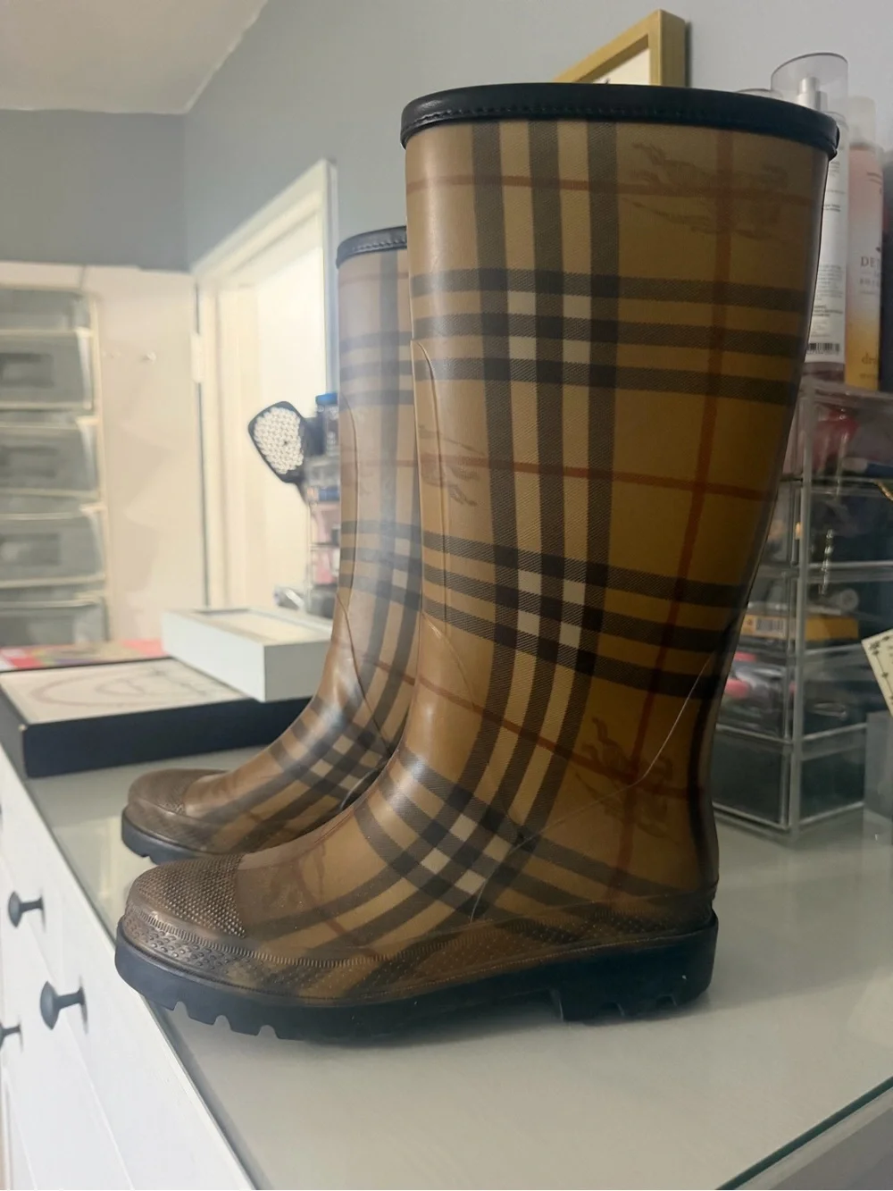 Burberry Beige Plaid Rain Boots